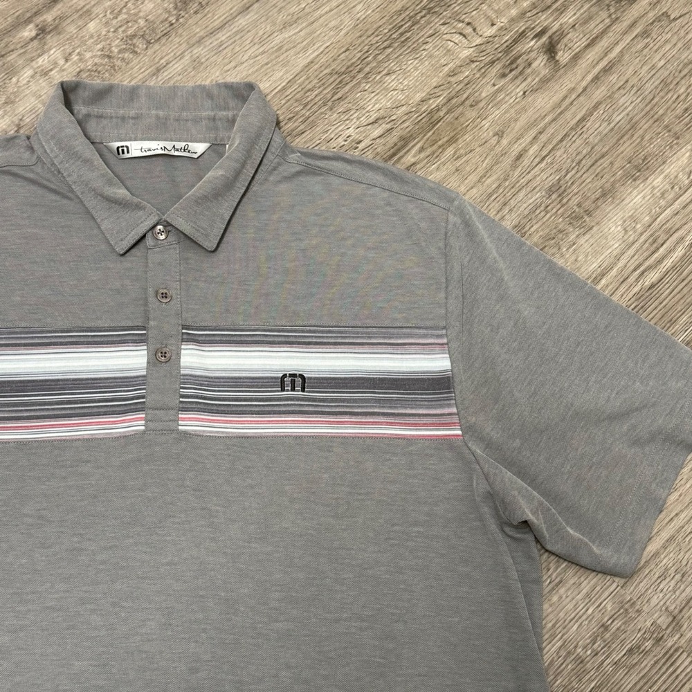 Travis Mathew Mens XL Gray Chest‎ Stripe Short Sleeve Golf Polo Shirt